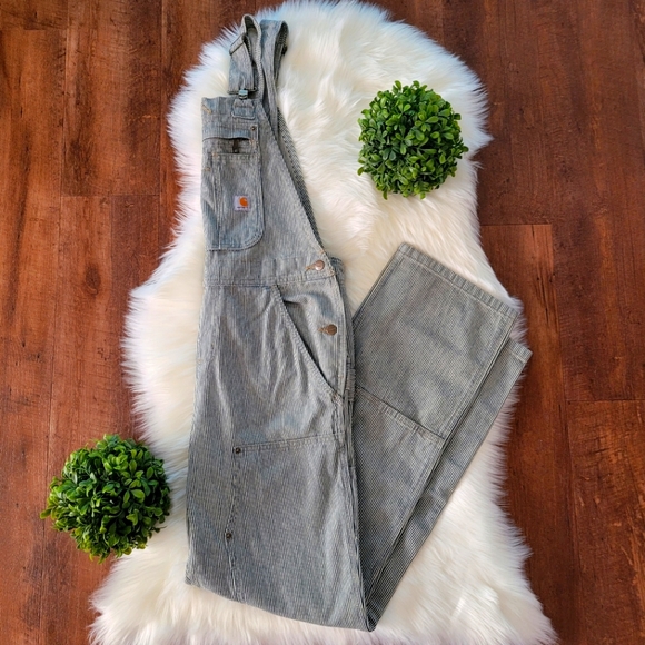 Carhartt RUGGED FLEX® RELAXED FIT DENIM RAILROAD STRIPE BIB OVERALLS - Picture 4 of 14